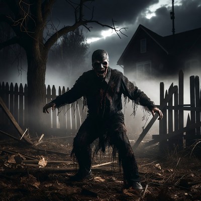 Zombie man in foggy graveyard