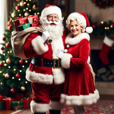 Santa Claus and Mrs. Claus with gifts