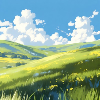 Vibrant Green Hills with Yellow Flowers