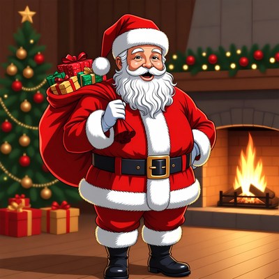 Santa Claus with sack by fireplace