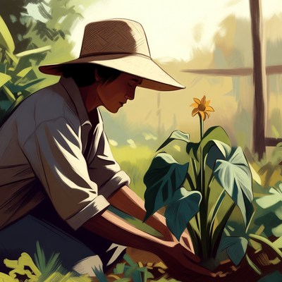 Asian woman planting taro in garden