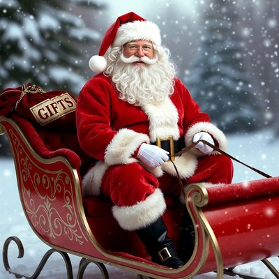 Santa Claus sitting in red sleigh