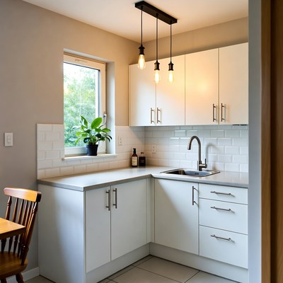 Modern white kitchen with pendant lights