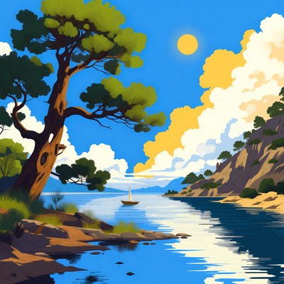 Sailboat on Lake with Pine Trees