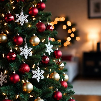 Festive Christmas Tree with Red Gold Ornaments