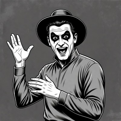 Man in hat waving with clown makeup