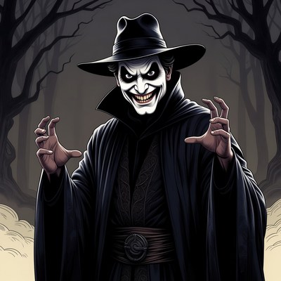 Joker in clown makeup in dark forest