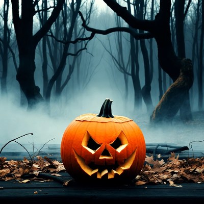 Jack-o'-lantern in foggy haunted forest