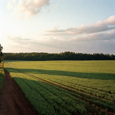 Green field with forest at sunset