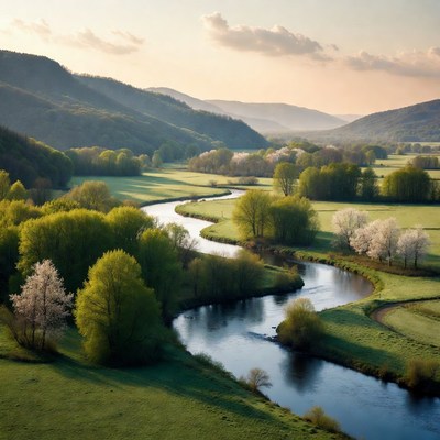 Winding River in Spring Valley Landscape