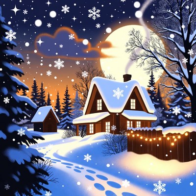 Snowy Cabin Under Moonlit Night