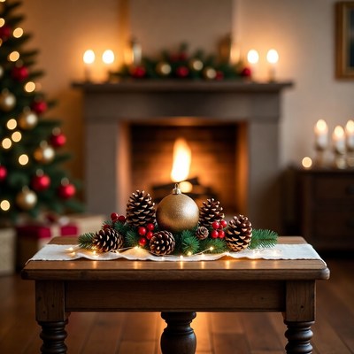 Christmas Pinecones Gold Ornament Fireplace