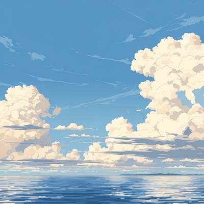Fluffy Clouds Over Calm Ocean