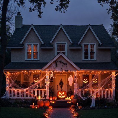 Halloween Decorated Suburban House at Night