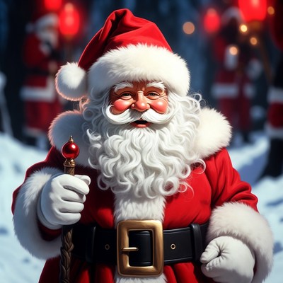 Santa Claus holding red orb snowy forest