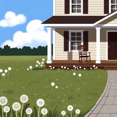 Beige House with Porch and Dandelions