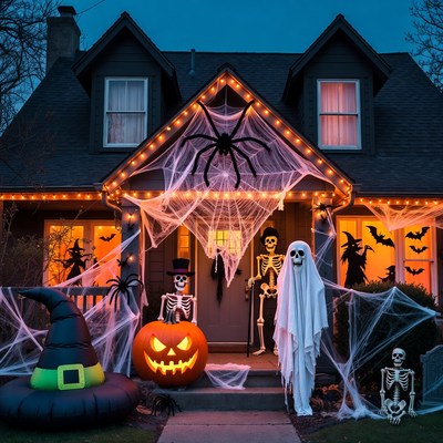 Halloween Decorated House with Skeletons