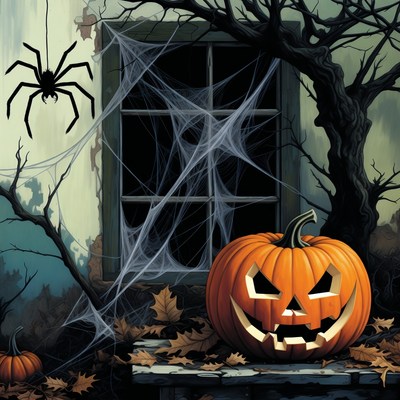 Jack-o'-lantern by spooky haunted window