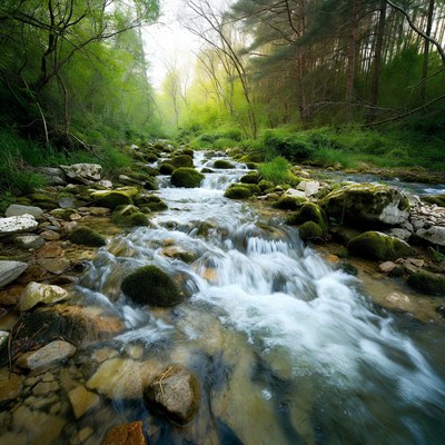 Forest Stream with Mossy Rocks