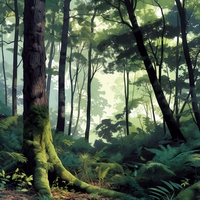 Lush Green Forest with Mossy Trees