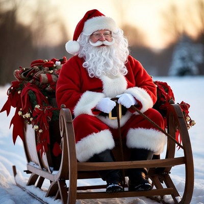 Santa Claus in wooden sleigh on snow