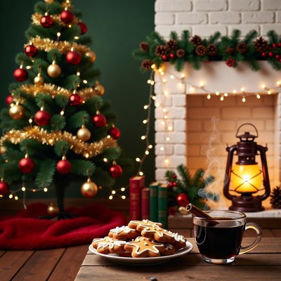 Gingerbread Cookies and Coffee by Christmas Tree