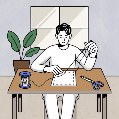 Man sewing fabric at table