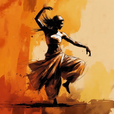 Indian woman dancing in orange silhouette