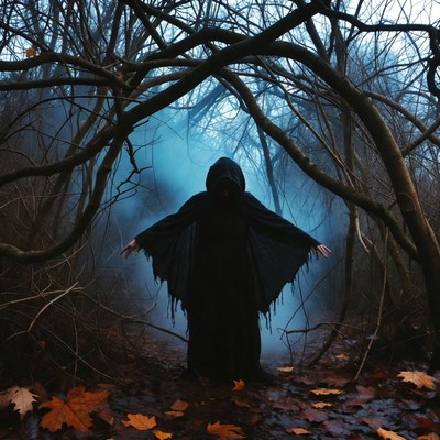 Woman in black cloak in foggy forest