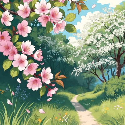 Cherry Blossom Path in Forest