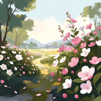 Winding path through pink wildflower meadow