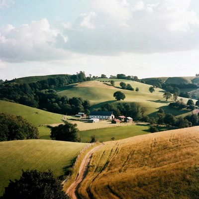 Rolling green hills with farmhouse