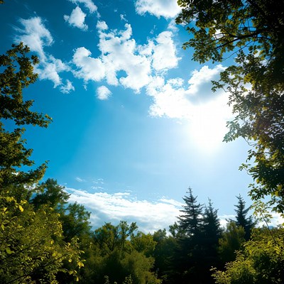 Sunny sky framed by green trees