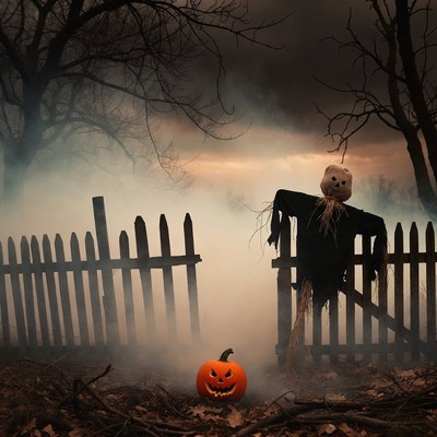 Scarecrow by Pumpkin Gate in Foggy Forest