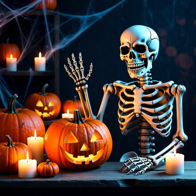 Waving Skeleton with Jack-o-Lanterns