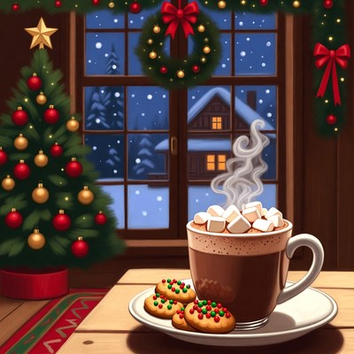 Hot Cocoa with Marshmallows by Christmas Window