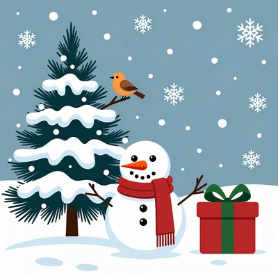 Snowman with Robin and Christmas Tree