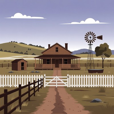 Farmhouse with Windmill Illustration