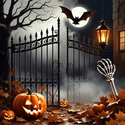 Spooky Halloween Gate with Pumpkins