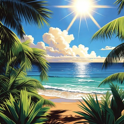 Tropical Beach with Palm Trees and Sun