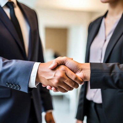 Asian man woman business handshake