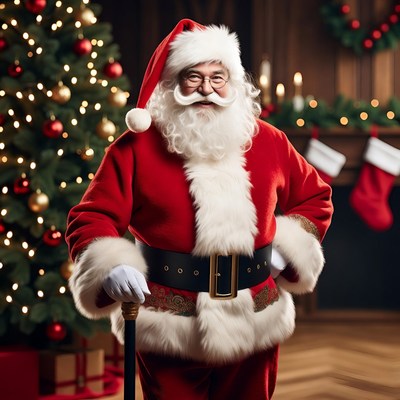 Santa Claus with cane by Christmas tree
