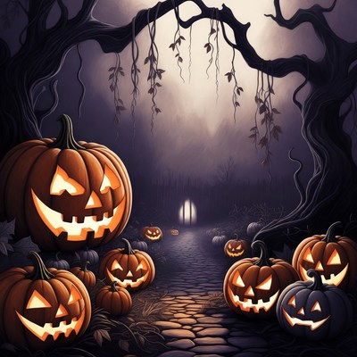 Halloween Pumpkins on Forest Path