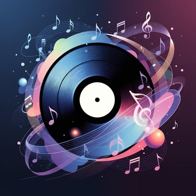 Vinyl Record with Swirling Music Notes