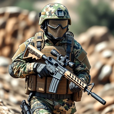 Soldier holding rifle in camouflage gear