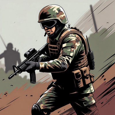 Soldier aiming rifle in camouflage