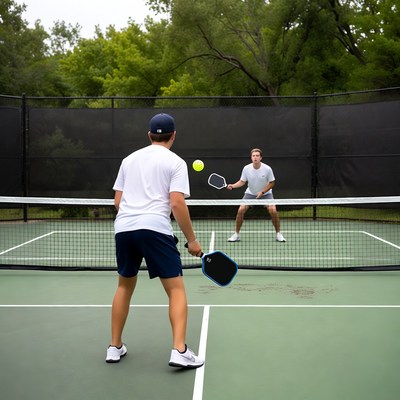 Two men playing pickleball on court