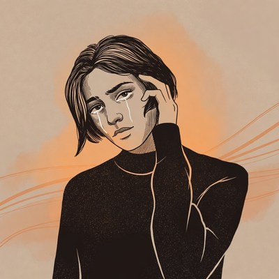 Androgynous person crying hand on forehead