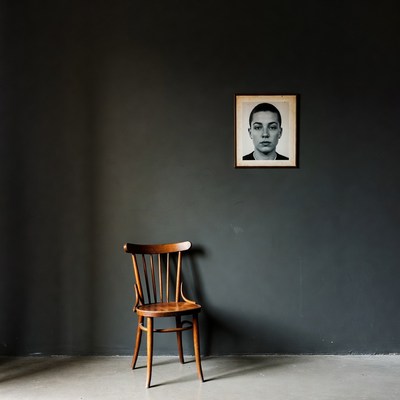 Vintage photo of man on wall above wooden chair