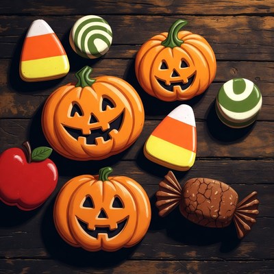 Halloween Jack-o-Lantern Cookies on Wood